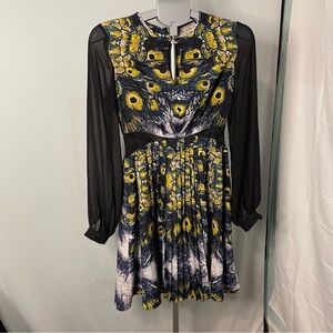 Nicole Richie peacock feathers sheer sleeves dress size 2‎